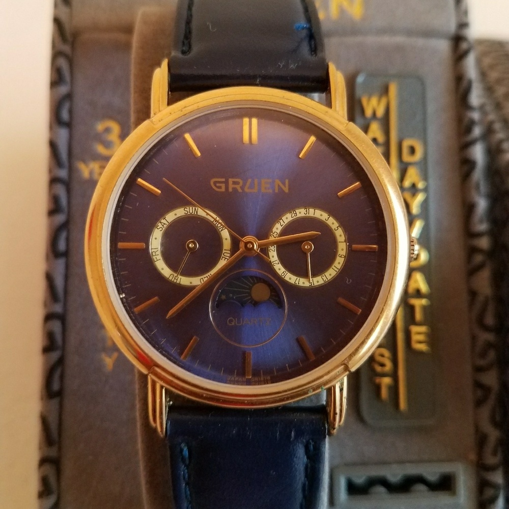Rare Vintage Gruen Day Date Moon Phase Watch.